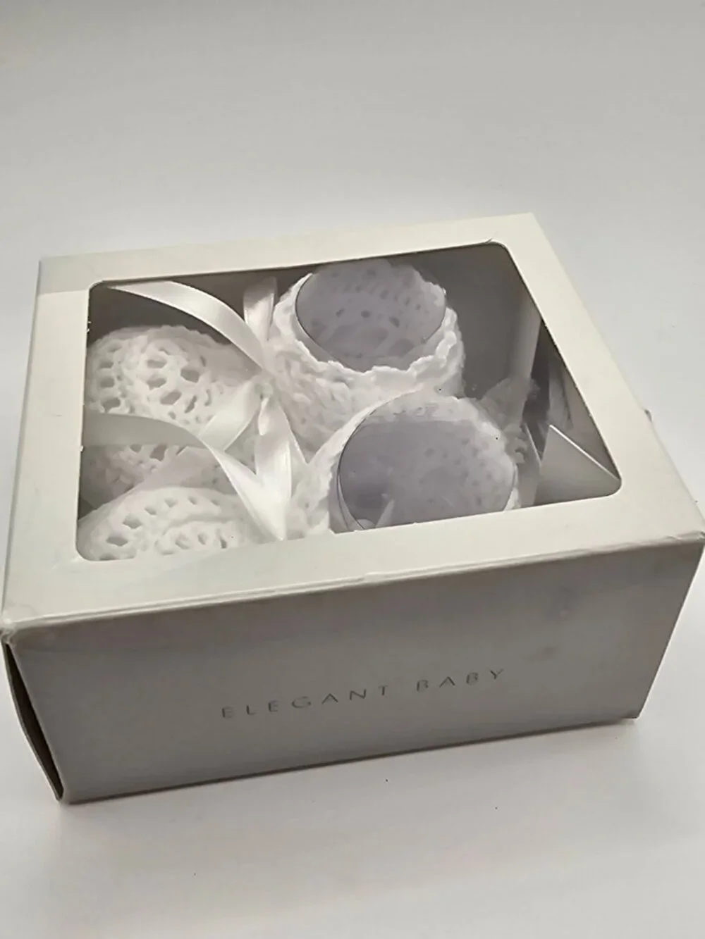 Elegant Baby White Christening Crochet Knit Booties 0-6 Months Gift Box